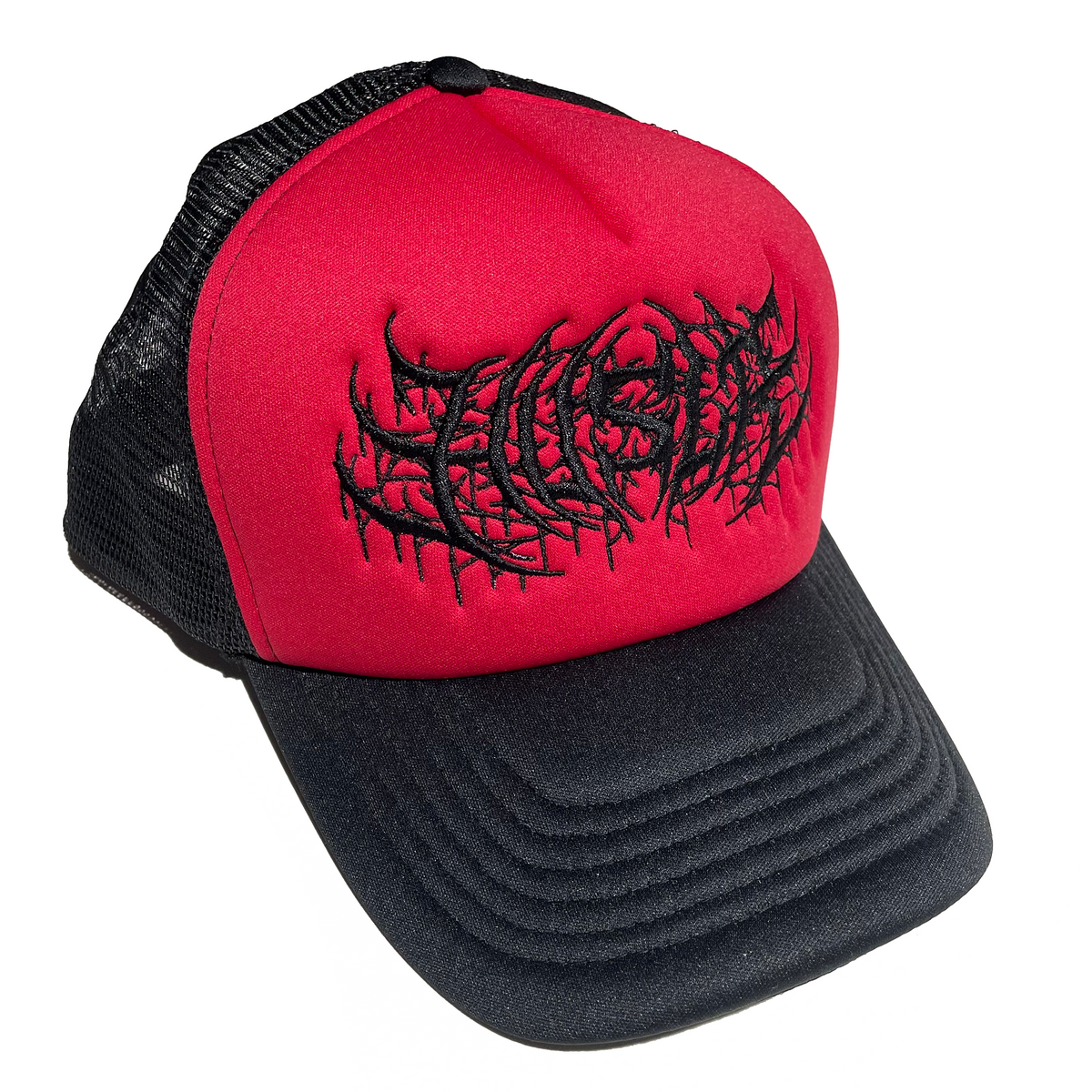 Red and black store trucker hat